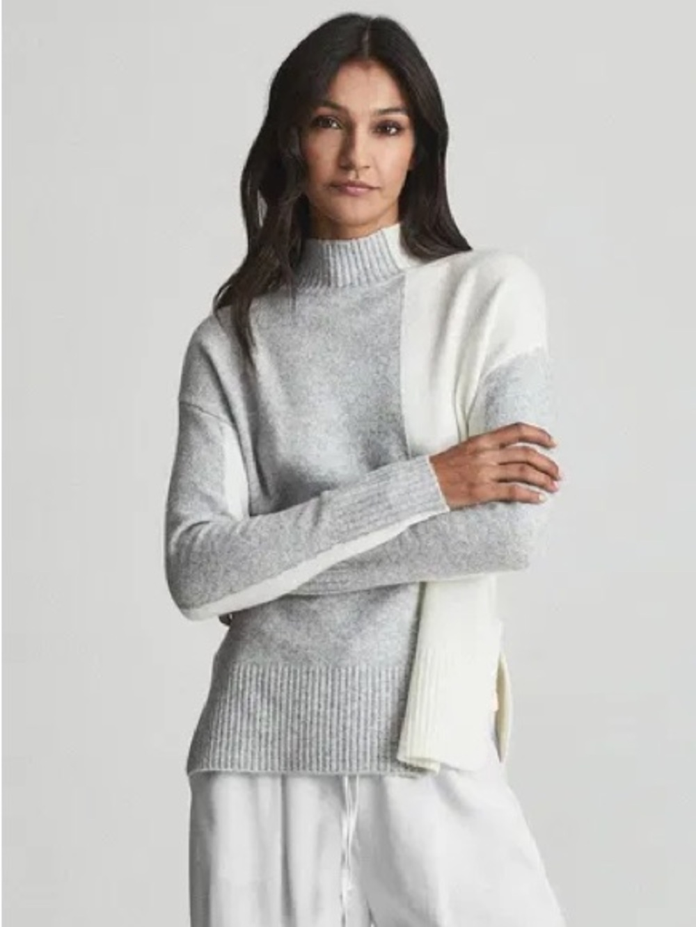 Reiss Sz XS Gaia Colorblock Wool Blend Grey White Turtleneck Sweater